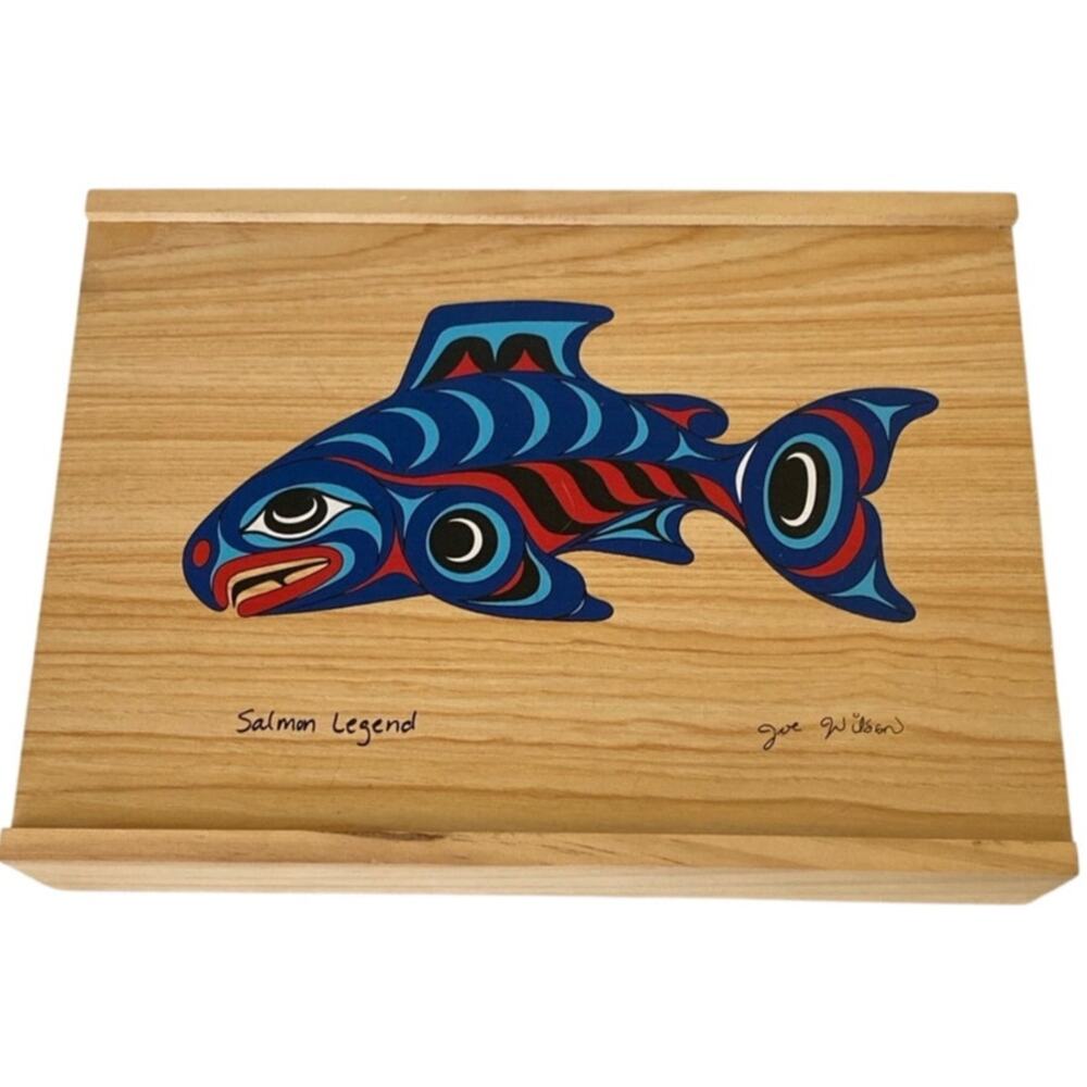 Vintage Salmon Tribal Native American Art Wooden Box Slide Lid Joe Wilson Artist